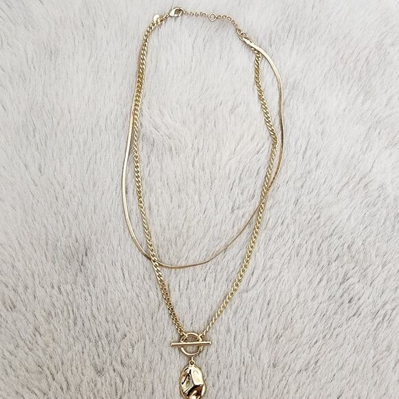 NEW J. Crew Hammered Gold T-Bar Pendant Necklace Double Strand Two Piece - Picture 2 of 8